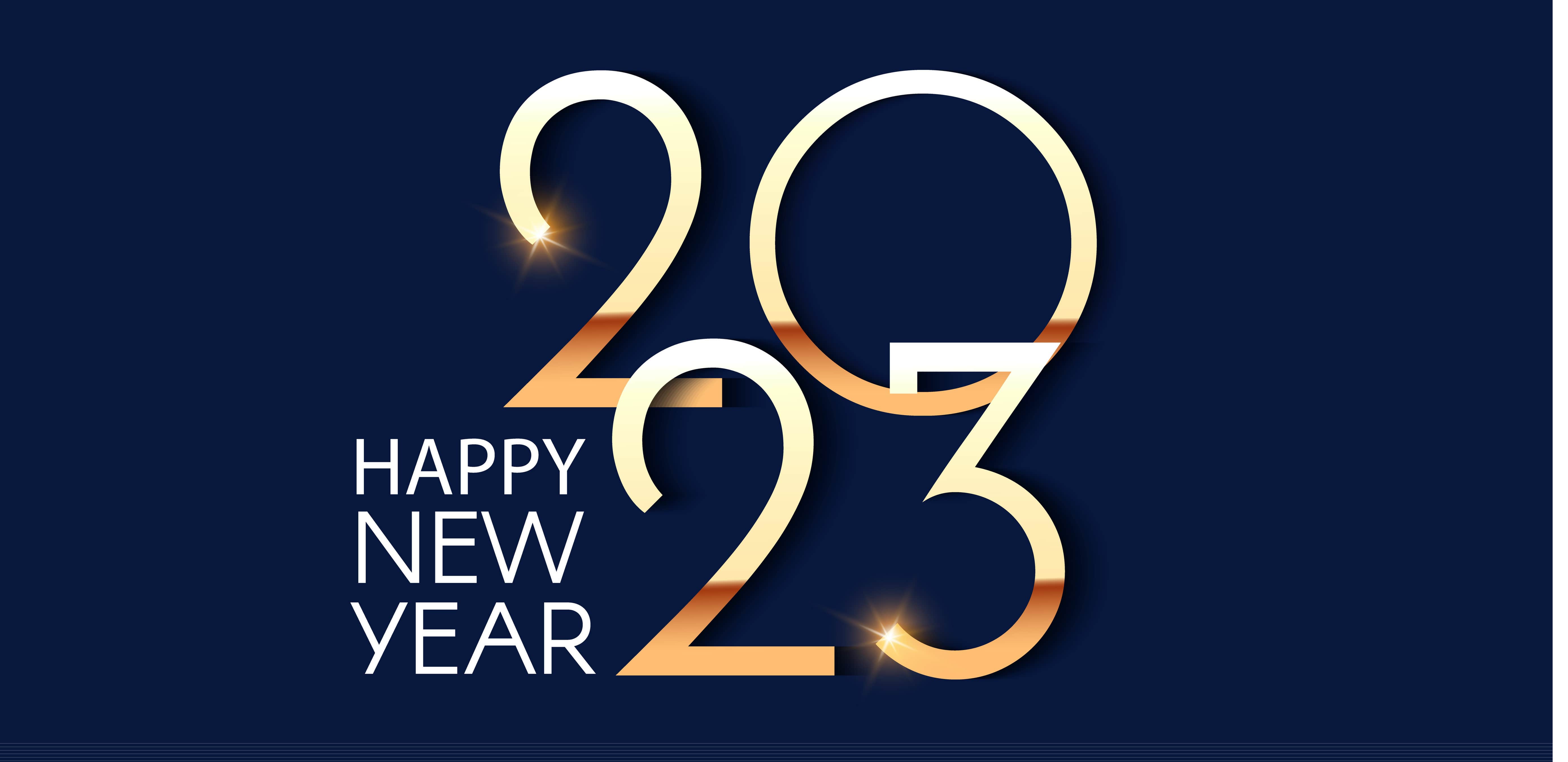 Navy blue background with the words 'Happy New Year' stacked in a block in white letters next to '2023' in larger letters and in gold