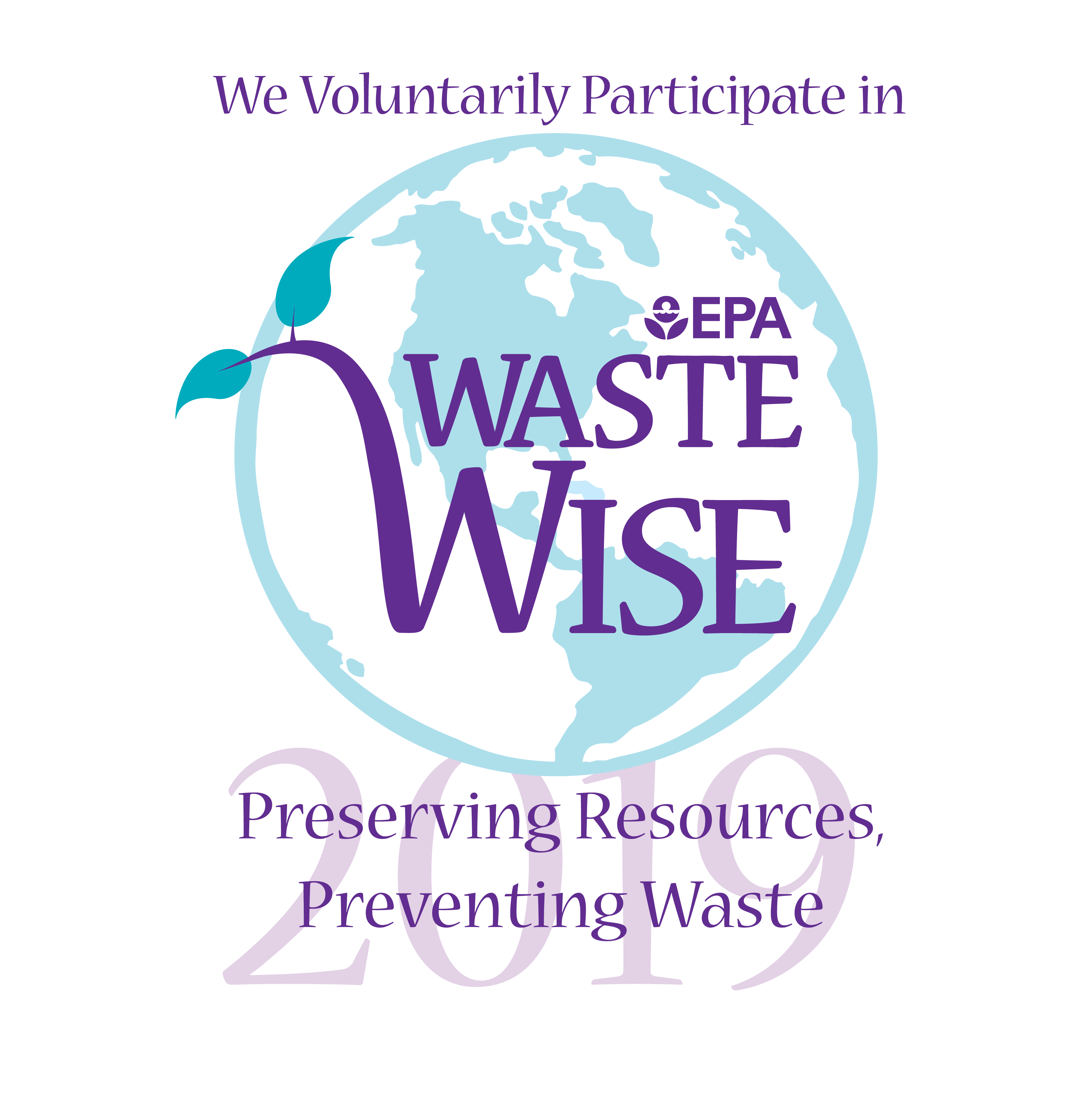 EPA WasteWise Partner EPA WasteWise Logo, the words 'preserving resources, preventing waste' before a blue and white image of the Earth