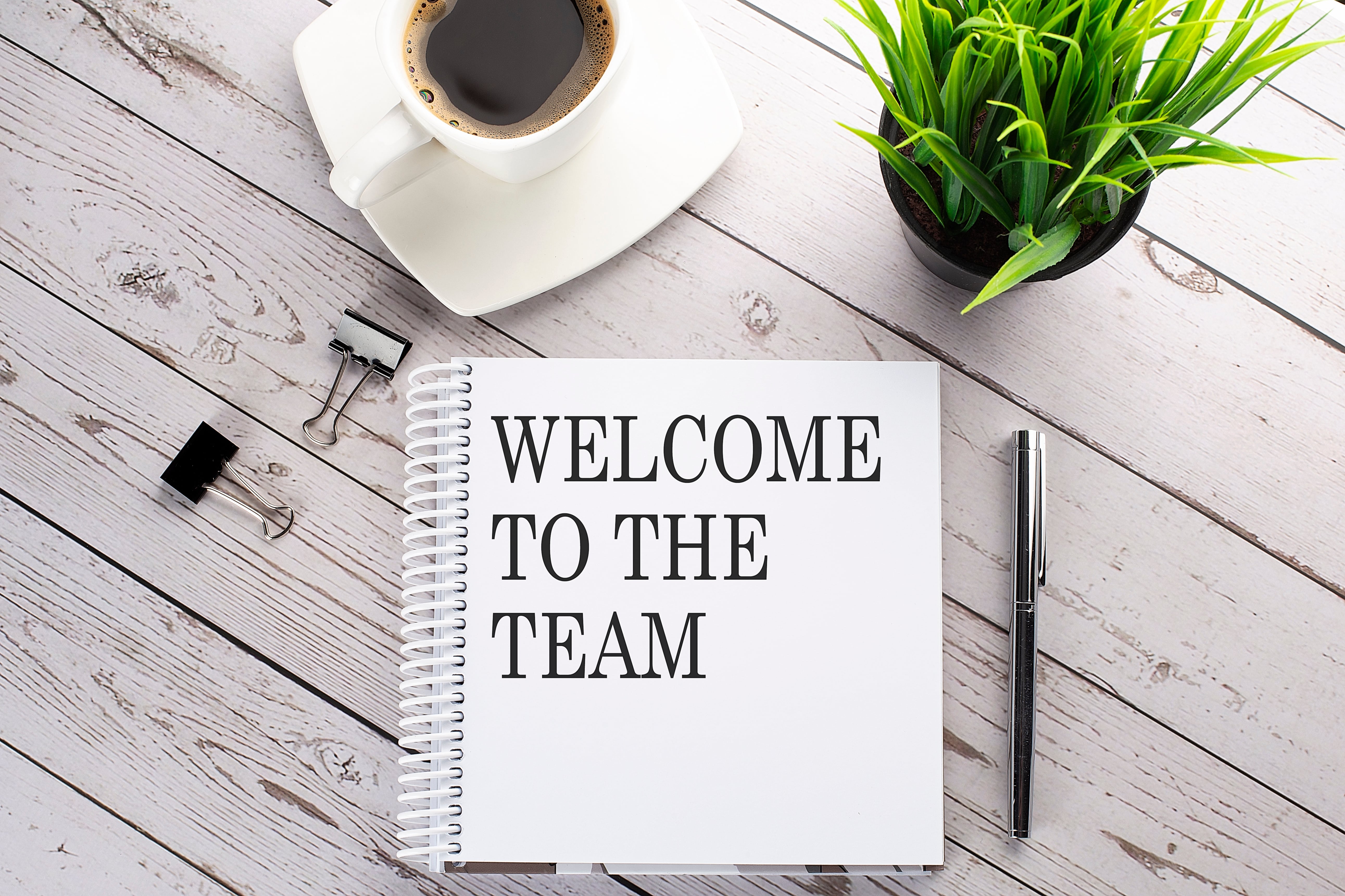 The words 'Welcome to the Team' are written on the cover of a closed book, which sits on a white-tinged wooden table next to a cup of coffee, small plant, and pen