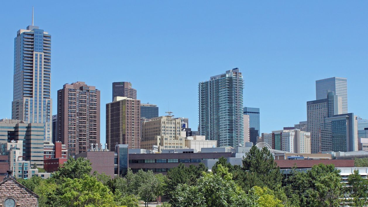 Clear blue skies over downtown Denver, Colorado as its towering buildings sparkle in front of vibrant green trees.