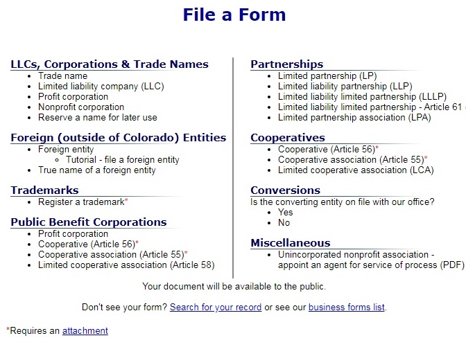Screenshot of the page to file a form to register an entity on the Colorado Secretary of State's website
