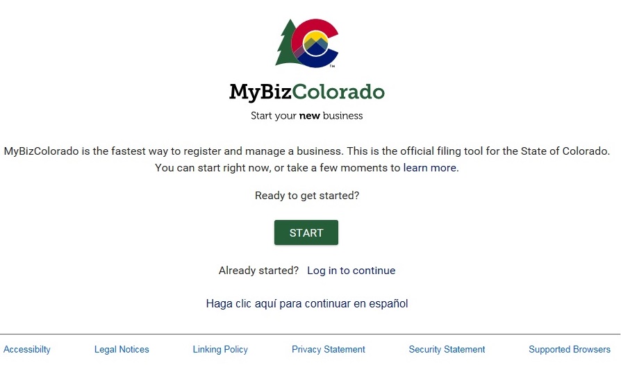 Welcome page for MyBizColorado website where new business owners in Colorado can register their business for help with licenses and permits.